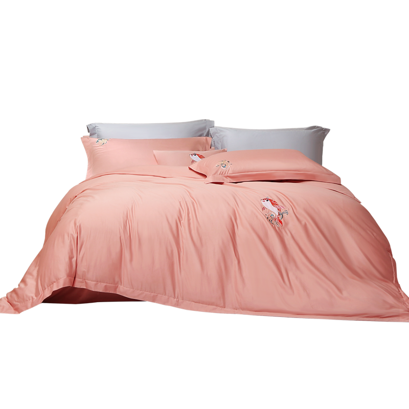富安娜 60支长绒棉四件套 纯棉贡缎国风刺绣 鲲&middot;鹏【礼盒装】1.8米床(单位：套) 粉色 230*229cm