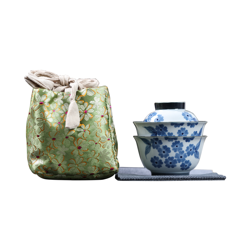 MULTIPOTENT 手绘海棠快客杯 2头 中国白旅行茶具 水蓝色（单位：套）