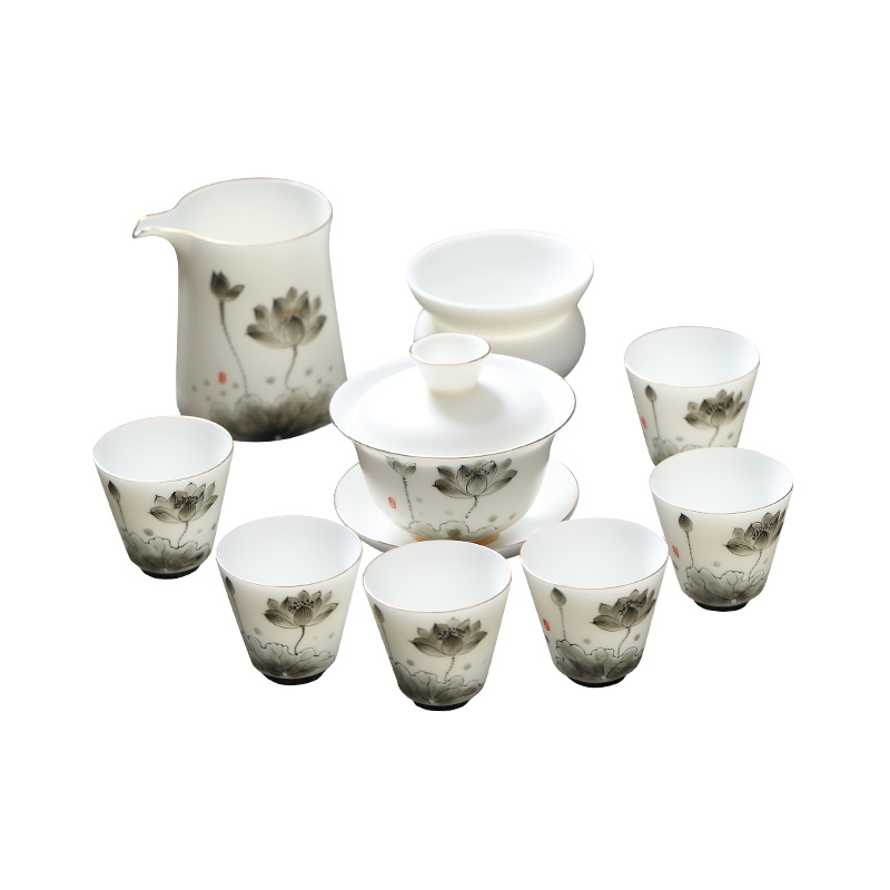 MULTIPOTENT YQ-YQ-ZTCJ-202205-21 9头 整套茶具手绘墨彩荷花 白色（单位：套）