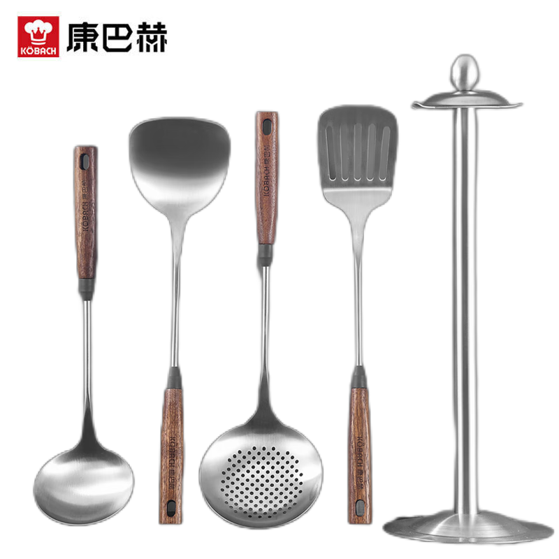 康巴赫 KSF-T5 胡桃木款锅铲+汤勺+煎铲+漏勺+支架五件套 304不锈钢勺铲 胡桃木（单位：套）