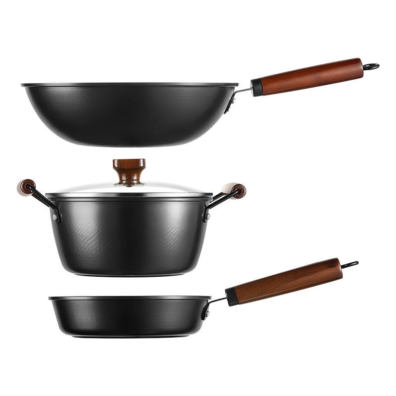 炊大皇 TZ03CW 炒锅：30CM(3.5L)+汤锅：22CM (3.3L)+煎 锤纹老铁锅三件套  黑色（单位：套）