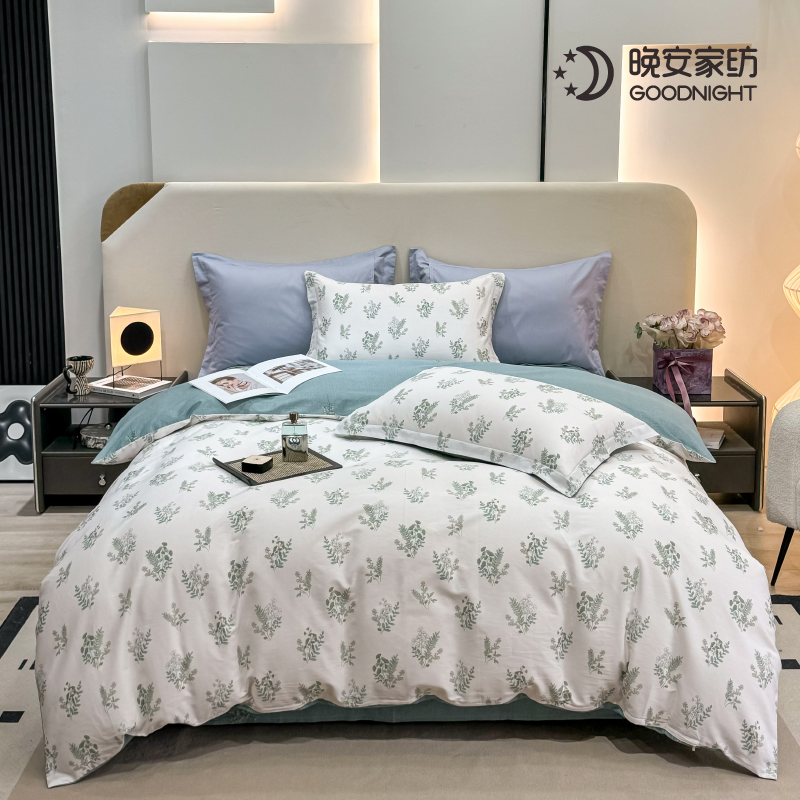 晚安家纺 纯棉床单四件套-绮罗幽梦 200*230cm 100%棉 浅绿色（单位：套）