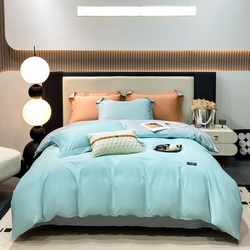 晚安家纺 慕纯拼色床单四件套-浅蓝 200*230cm 100%棉 水蓝色（单位：套）