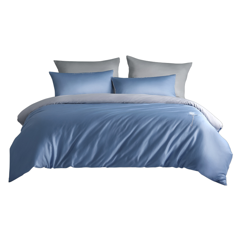 水星家纺 水星60S长绒棉刺绣四件套四件套(海蓝色)220cm&times;240cm 透气抗菌匹马棉 水蓝色