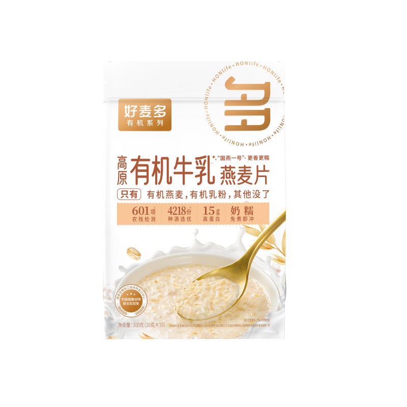 好麦多（HONlife） 即食有机牛乳 300g 即食有机牛乳燕麦片 白色（单位：袋）