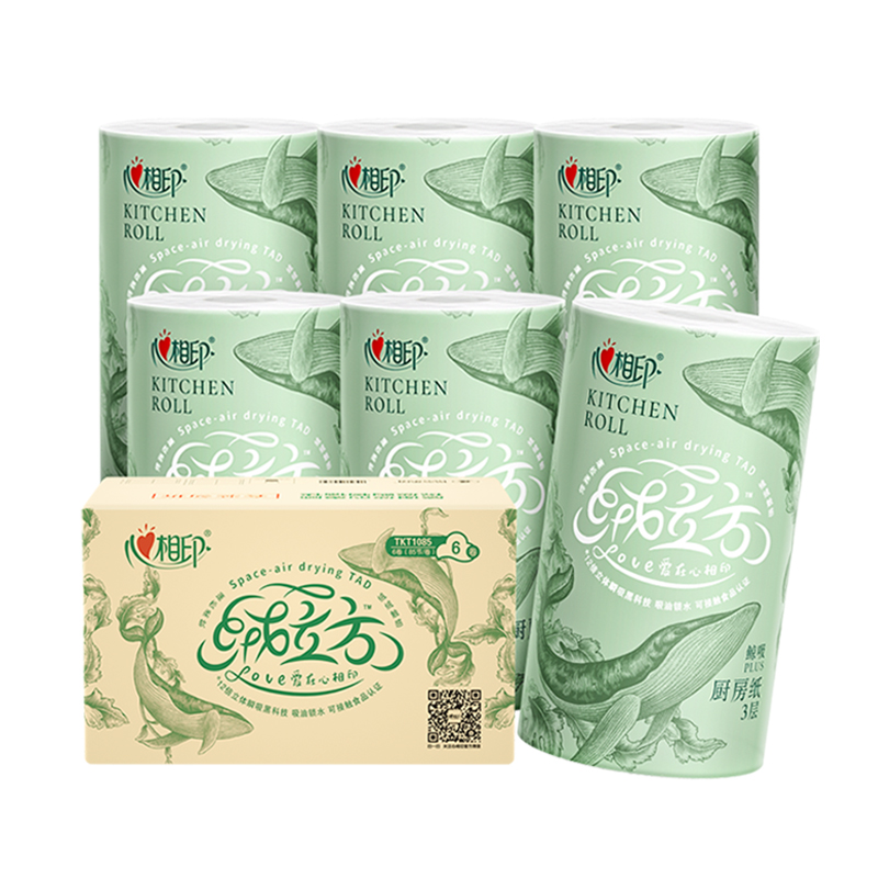 心相印（Mind Act Upon Mind） 绒立方厨房卷纸 85节*6粒 绒立方厨房卷纸 绿色（单位：箱）