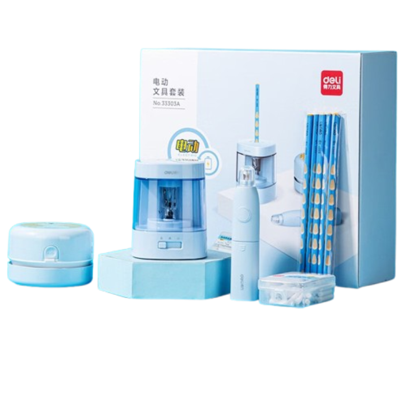 得力(deli) 33303 5件套 学生电动文具套装礼盒 蓝色（单位：套）