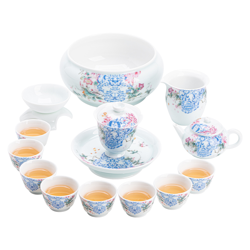 苏氏陶瓷（SUSHI CERAMICS） J1140 13头 青瓷繁花似锦茶具套装  混色（单位：套）