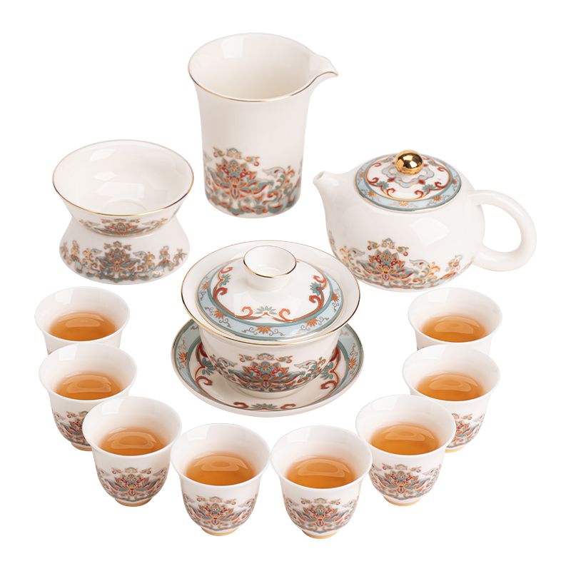 苏氏陶瓷（SUSHI CERAMICS） J1105 12头 宝相花盖碗茶壶套组  白色（单位：套）