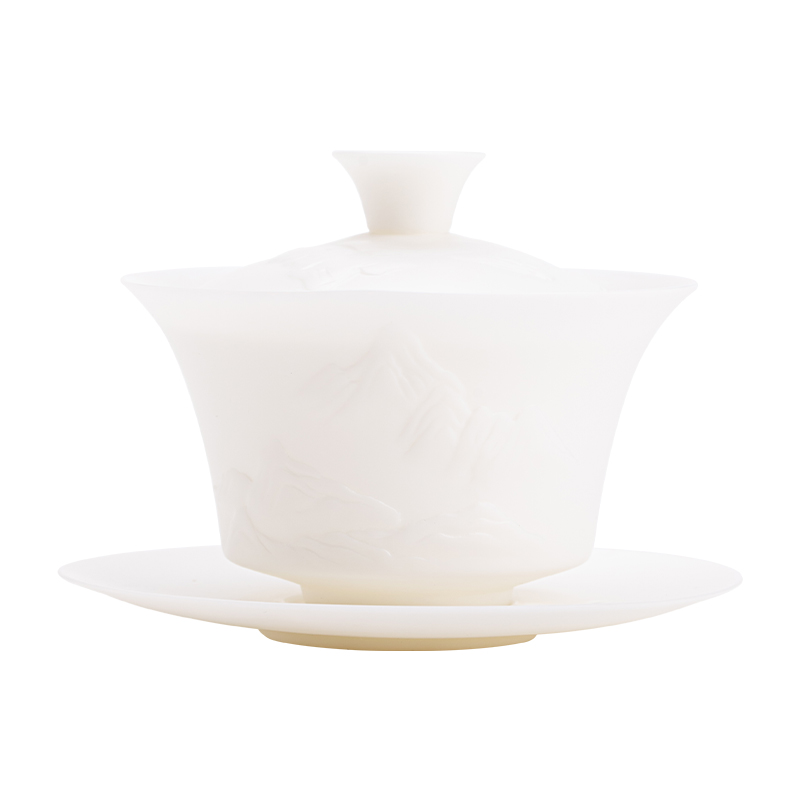 苏氏陶瓷（SUSHI CERAMICS） J1149 150ml 白瓷浮雕江山三才盖碗  白色（单位：套）