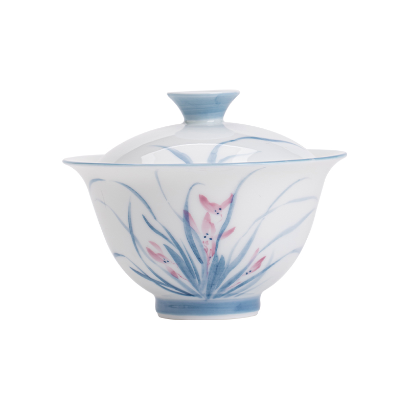 苏氏陶瓷（SUSHI CERAMICS） J1065 150ml 手绘白瓷兰花二才盖碗  白色（单位：套）