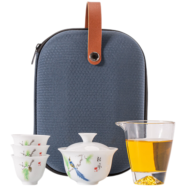 文喜 便携茶器 1盖碗1茶海3杯1便携包 畅享旅行茶器  浅灰色（单位：套）