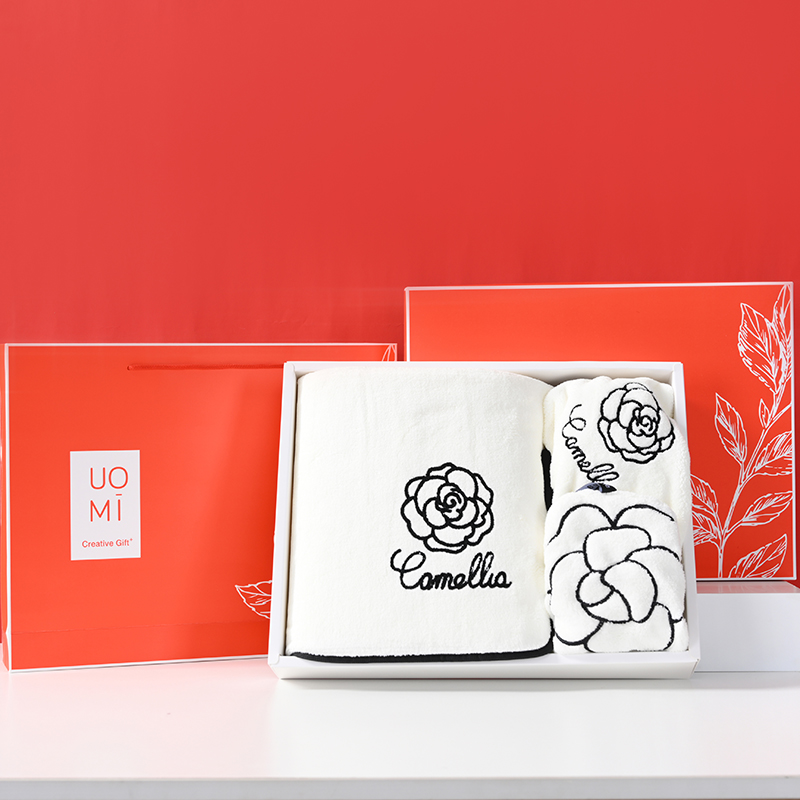 UOMI 优茶花-5 浴巾*1干发帽*1擦手巾*1 山茶花刺绣组合套装 混色（单位：套）