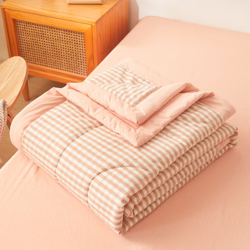 樵纪 小格 双人被 无印风水洗棉棉花夏被 180x220cm 粉色（单位：床）