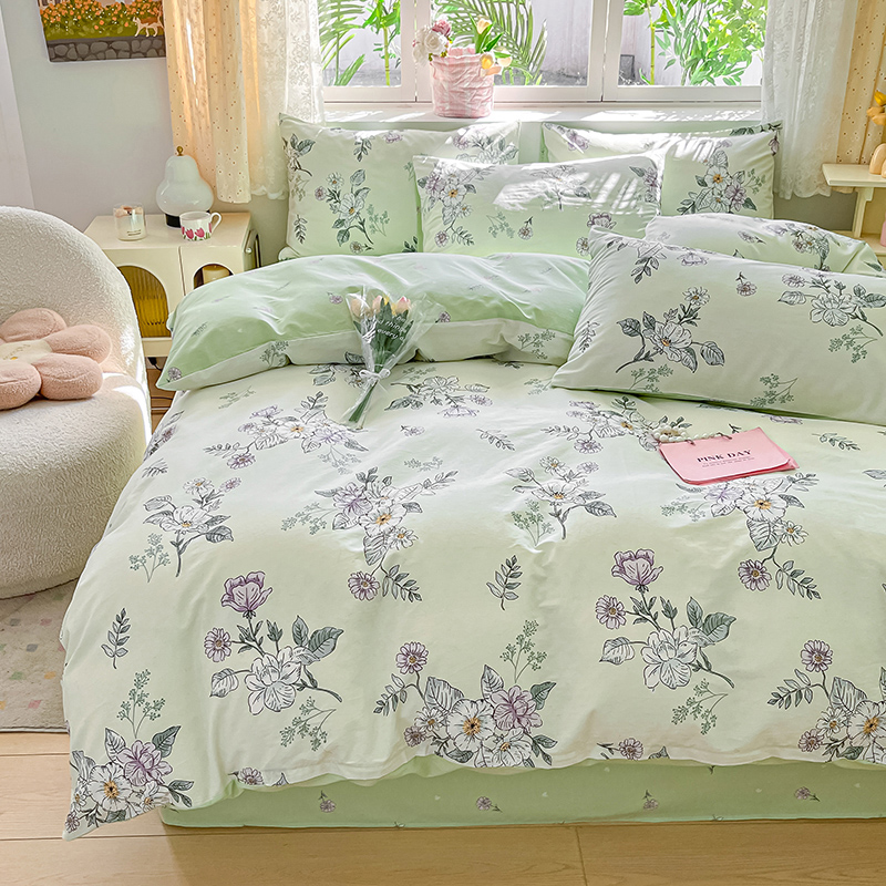 樵纪 花韵 200x230cm 全棉喷气印花四件套 1.5/1.8米床通用款 绿色（单位：套）