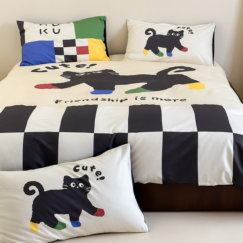 樵纪 泫雅猫咪 200x230cm 全棉数码印花四件套 1.5/1.8米床通用款 黑白色（单位：套）
