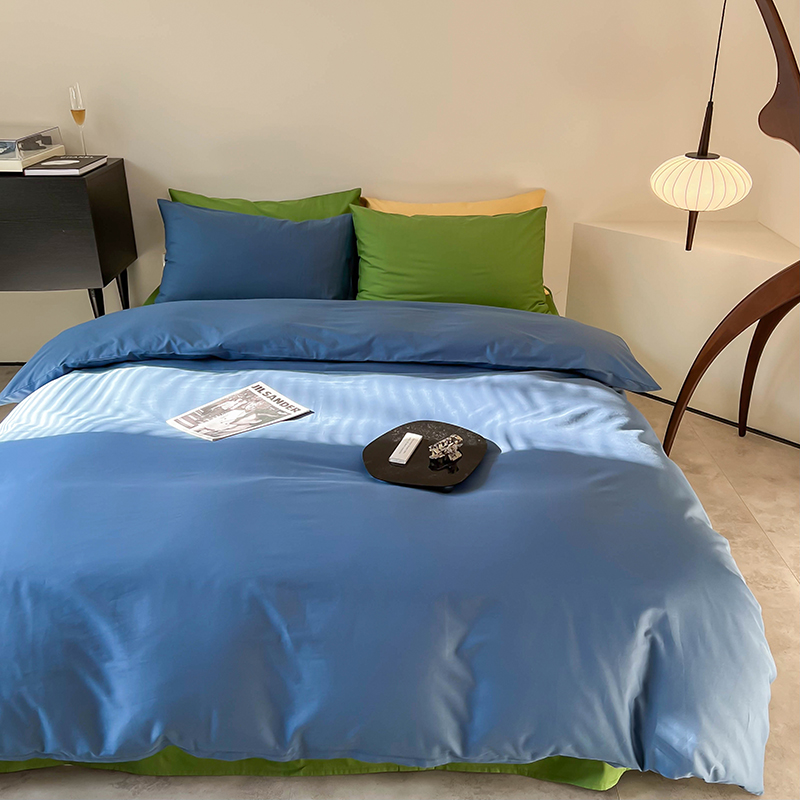 樵纪 甘 200x230cm 全棉斜纹撞色四件套 1.5/1.8米床通用款 蓝色（单位：床）