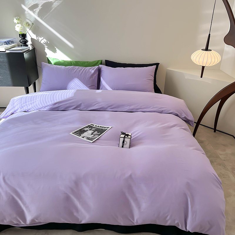樵纪 芋泥黑 200x230cm 全棉斜纹撞色四件套 1.5/1.8米床通用款 紫色（单位：床）