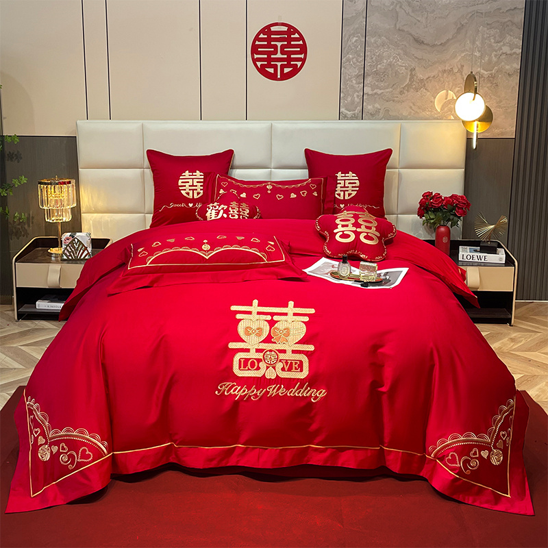 雅鹿 YLT2512 200*230cm 新中式婚庆四件套 中国红（单位：床）