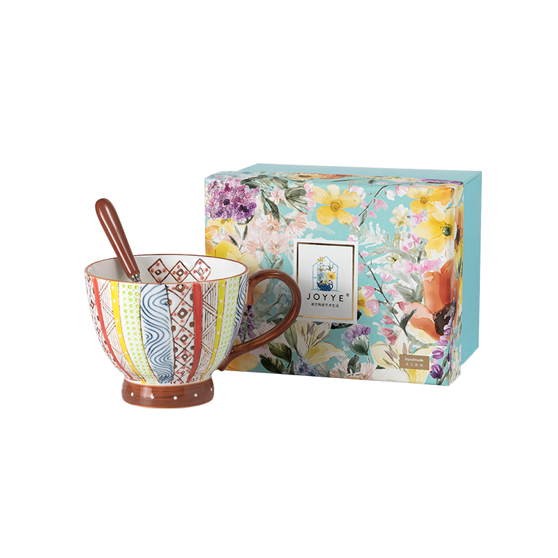 JOYYE 釉下彩手绘杯 套2几何美满手绘杯 400ml 竖纹（单位：套）