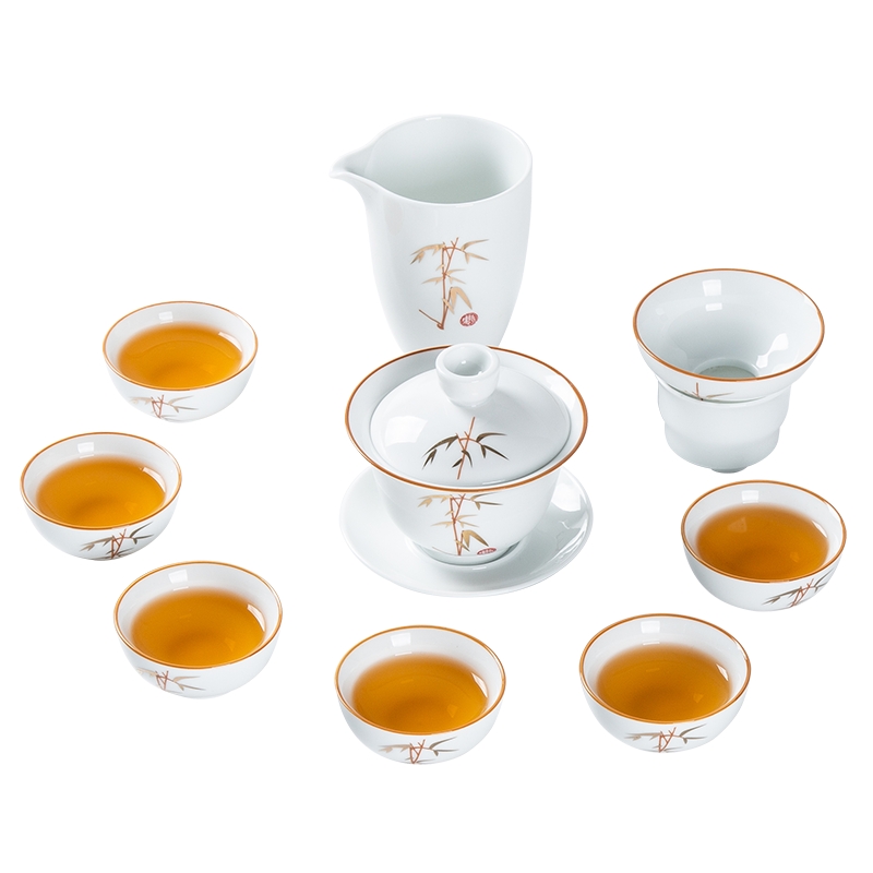金镶玉 竹节茶具 10件套 陶瓷茶具 白色（单位：套）