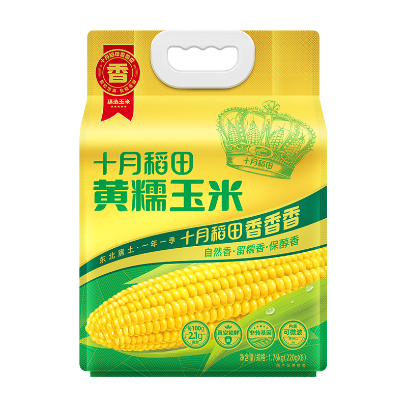 十月稻田 东北甜黏玉米棒 黄糯玉米 1.76kg（220g*8根） 浅杉绿（单位：袋）