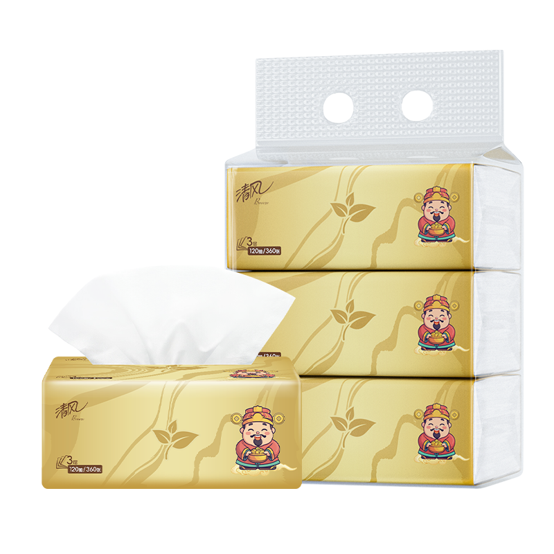 清风 AR34SYS-3包 3层120抽3包 清风财神系列压花抽纸 金色（单位：提）