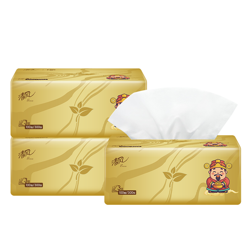 清风 AR10SYS-3包 3层100抽3包 小财神系列抽纸 金色（单位：包）