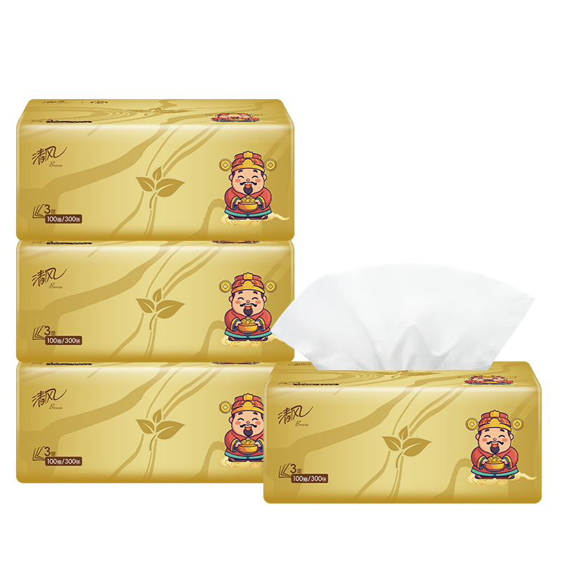 清风 AR10SYS-4包 3层100抽4包 小财神系列抽纸 金色（单位：包）