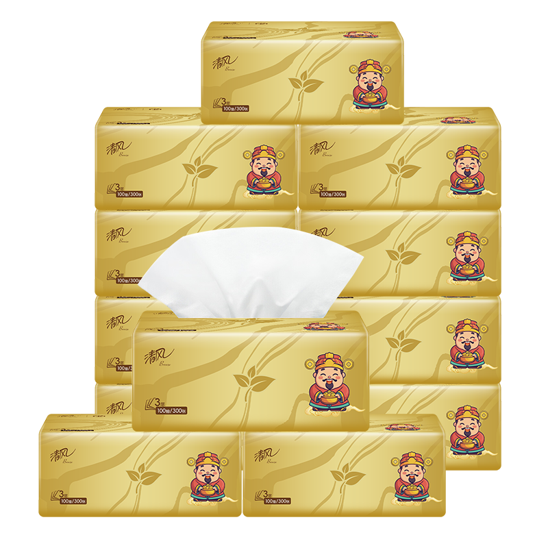 清风 AR10SYS-12包 3层100抽12包 小财神系列抽纸 金色（单位：包）