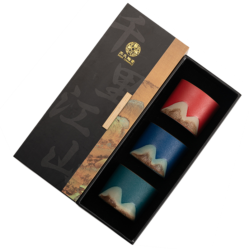 苏氏陶瓷（SUSHI CERAMICS） 手绘山水画三色 三件套 手绘山水画茶杯 混色（单位：套）