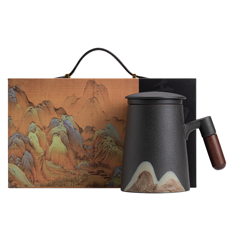 苏氏陶瓷（SUSHI CERAMICS） 手绘釉画彩千里江山 460ml 手绘彩画茶 曜石黑（单位：盒）