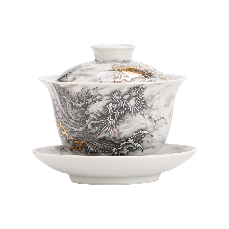 苏氏陶瓷（SUSHI CERAMICS） 水墨龙腾盛世 160ml 水墨龙腾盛世盖碗 白色（单位：个）