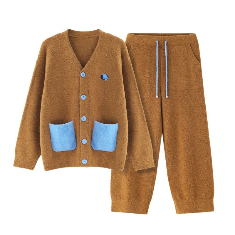 躺岛 半边绒家居服套装 男款开衫款 M码 晴空蓝+焦糖棕（单位：套）