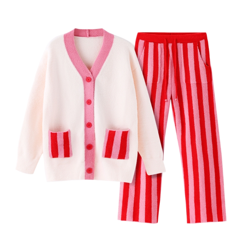 躺岛 半边绒家居服套装 开衫款 M码 粉红宇宙+火红（单位：套）