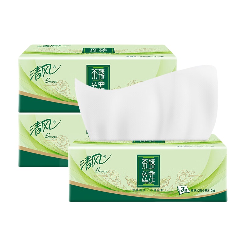 清风 茶臻软抽 BR13SGE 3层110抽3包装 浅杉绿（单位：组）