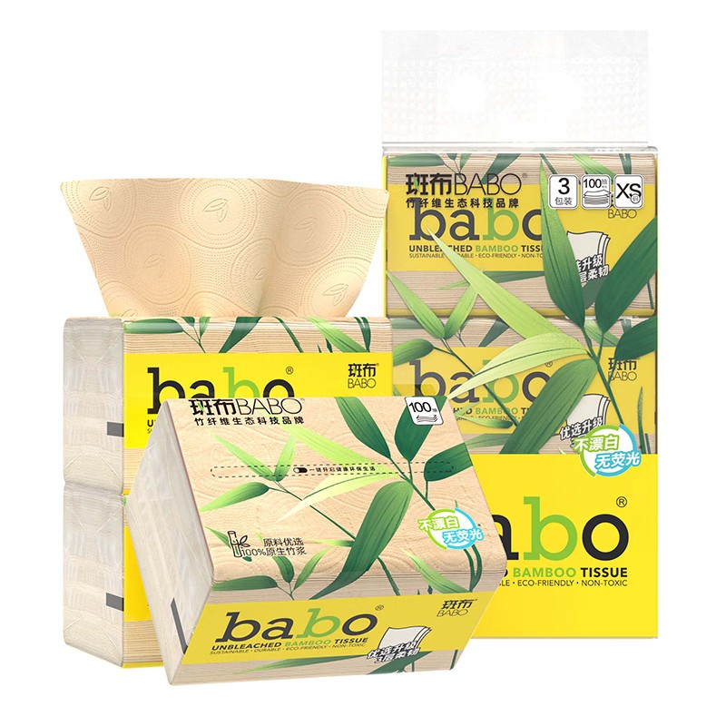 斑布（BABO） 6D压花竹桨本色抽纸 BKFR100E3 三层100抽*3包  黄色（单位：提）