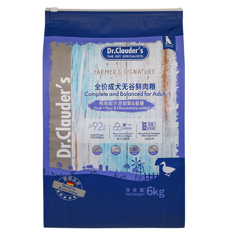 克劳德医生 成犬粮 成犬用无谷鲜肉粮鸭肉配方添加梨&氨糖 6kg 蓝色（单位：袋）