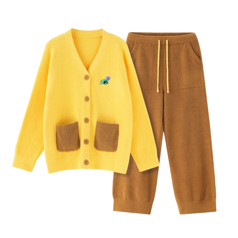 躺岛 半边绒保暖睡衣家居服套装 女款- 开衫款 L 蜂蜜黄+焦糖棕（单位：套）