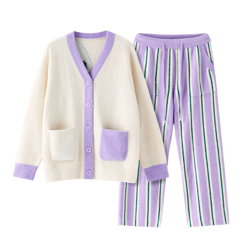 躺岛 明天不上班系列半边绒家居服 女款-开衫款 L码  软心紫+青草绿（单位：套）