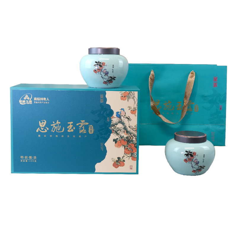 恩施玉露 柿柿如意礼盒 明前特级富硒产区恩施玉露绿茶200g HZ0200EX 200g（100g*2） 水蓝色（单位：盒）