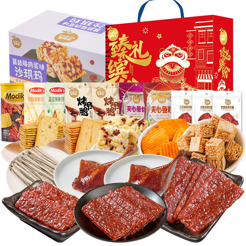 富崎乐（Fukilo） 臻礼缤纷 肉食饼干薯片沙琪玛套餐组合 大礼包 1688g/份*1 红色（单位：份）