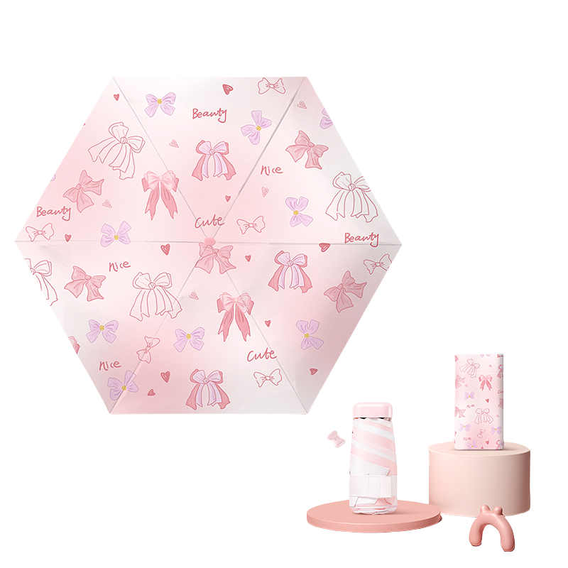 丰懋 晴雨两用轻便小清新扁六折口袋雨伞 FXHJ20250312 50*89cm 蝴蝶结款樱花粉（单位：把）