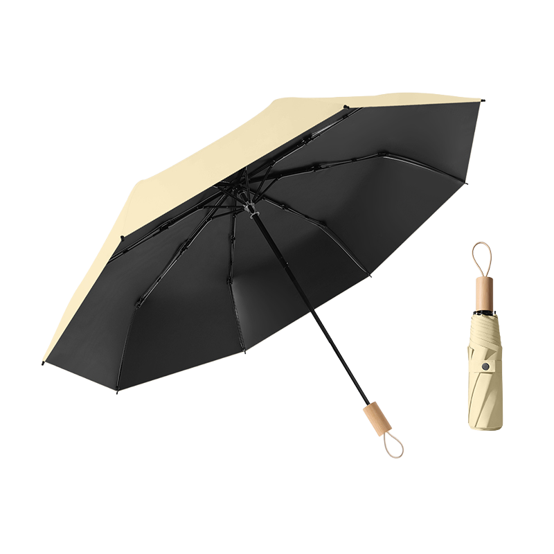 丰懋 黑胶小巧便携防晒UPF50+遮阳太阳伞晴雨两用雨伞 FXHJ09 56*98cm  浅鹅黄-三折手开木柄（单位：把）