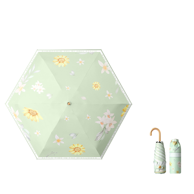 丰懋 口袋胶囊伞黑胶折叠太阳伞晴雨两用黑色 FXHJ08 56*89cm  向日葵-绿-五折小金钩（单位：把）