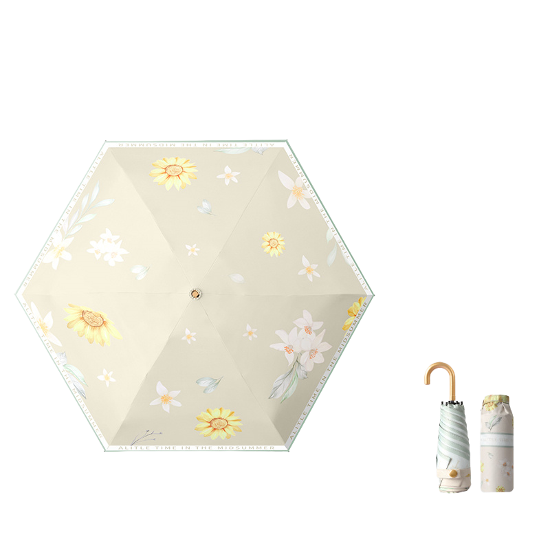 丰懋 口袋胶囊伞黑胶折叠太阳伞晴雨两用黑色 FXHJ08 56*89cm  向日葵-米-五折小金钩（单位：把）