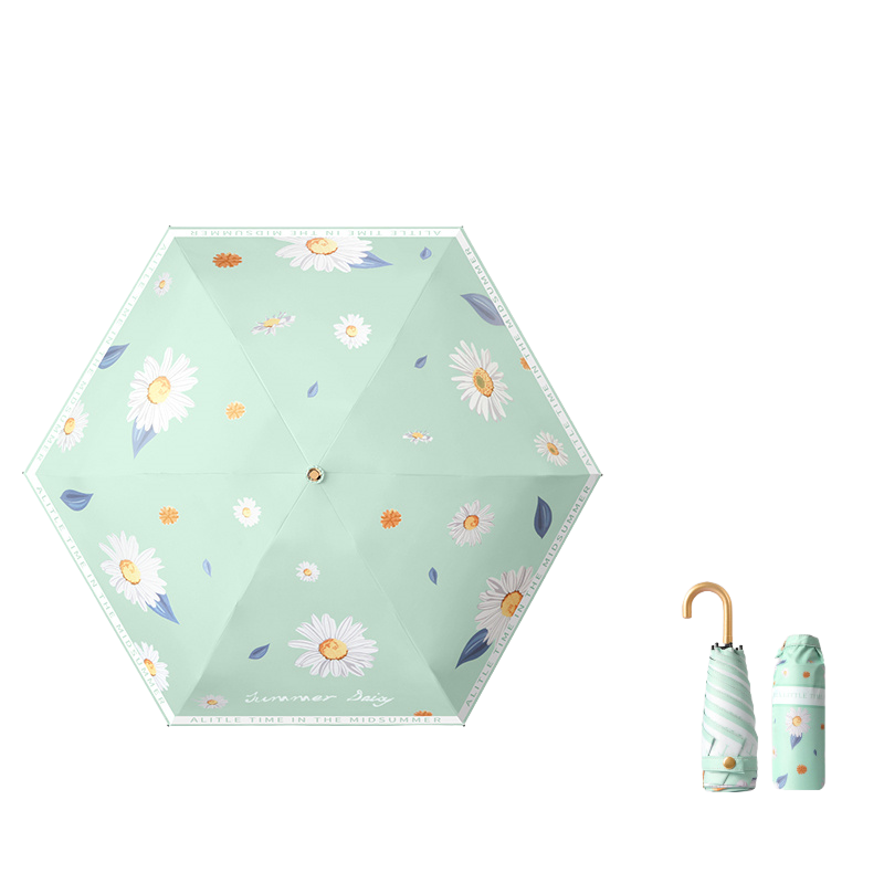 丰懋 口袋胶囊伞黑胶折叠太阳伞晴雨两用黑色 FXHJ08 56*89cm  雏菊-绿-五折小金钩（单位：把）