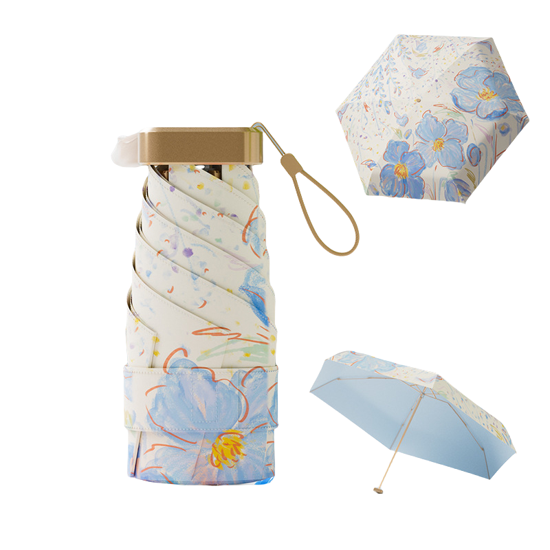 丰懋 太阳伞遮阳女复古古风轻小便携六折彩胶雨伞 FXYB10 52*89cm  飞花霾蓝（单位：把）