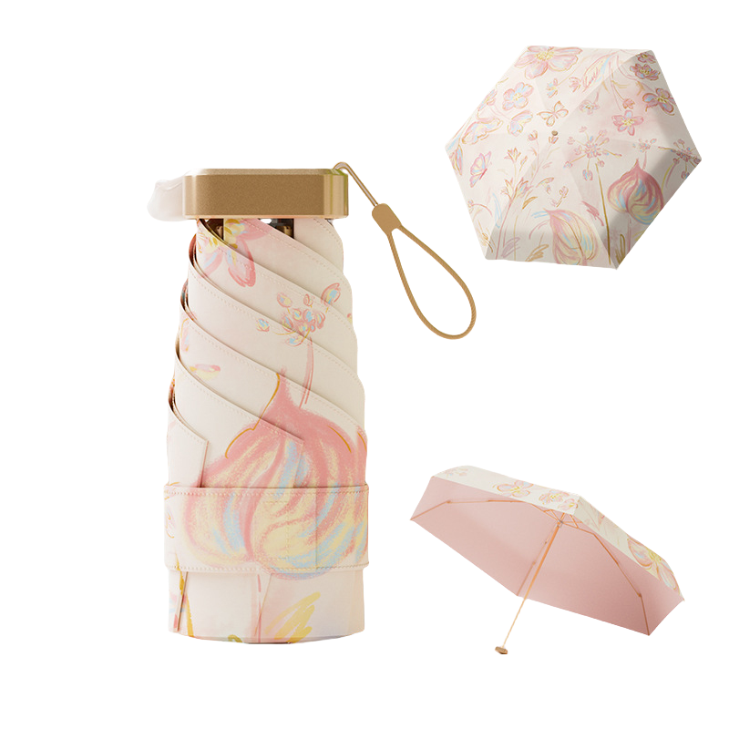 丰懋 太阳伞遮阳女复古古风轻小便携六折彩胶雨伞 FXYB10 52*89cm  金蝶霞粉（单位：把）