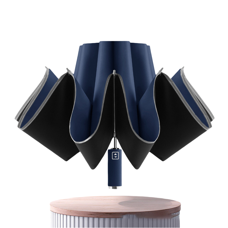 丰懋 全自动反向伞带反光条黑胶纯色折叠雨伞 FXYN05 63*118cm  藏青色（单位：把）